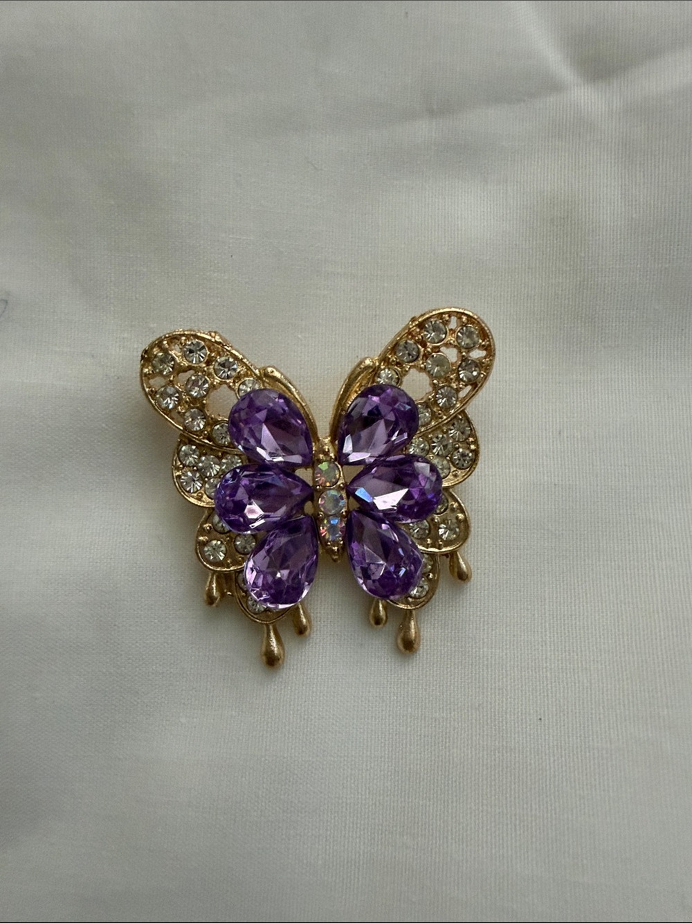 Gold Butterfly Brooch with Purple Crystal Wings